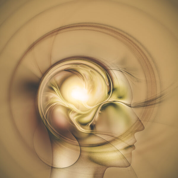 head silhouette with a fractal brain, concept image creative thinking, concept design ideas, concept of imagination and mental development.